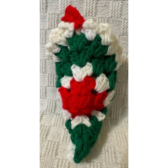VTG Flocked Christmas Raccoon in Handmade Crochet Pouch in Red, Green & White - Picture 3 of 8